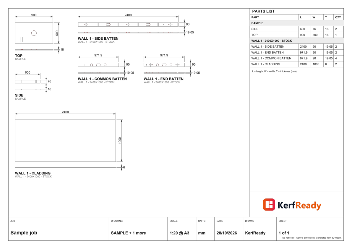 A sample A3 panel schedule: parts drawn with dimensions and a parts list
